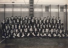Physical education class at school, Sweden, 1927. Creator: Otto Ohm