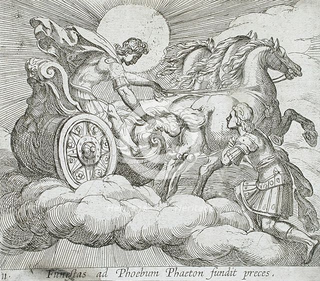 Phaeton Before Apollo, published 1606. Creators: Antonio Tempesta, Wilhelm Janson.
