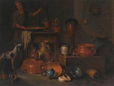 Pharmaceutical vessels: still life with a man and a dog. Creator: Giovan Domenico Valentino