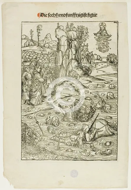 Pharoah and His Host Perishing in the Red Sea (verso); The Freeing of King Joachim..., 1491. Creator: Michael Wolgemut.