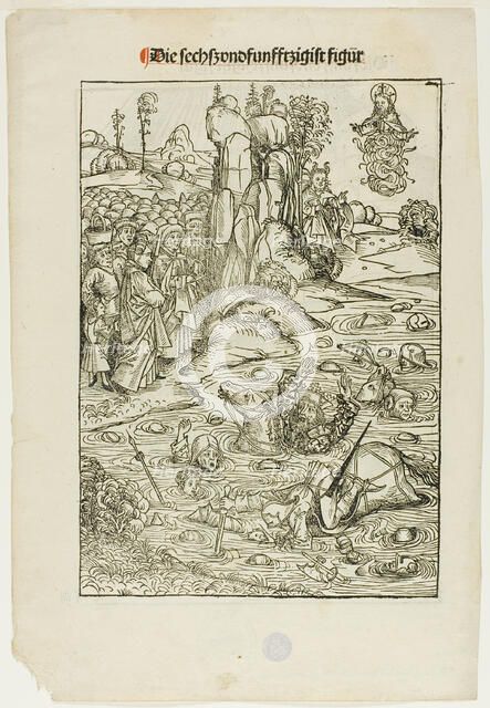 Pharoah and His Host Perishing in the Red Sea (verso); The Freeing of King Joachim..., 1491. Creator: Michael Wolgemut.