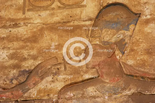 Pharaoh wearing the Blue Crown receiving the Ankh..., Temple of Seti I, Egypt, New Kingdom (2003). Creator: LTL.