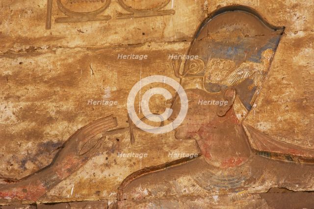 Pharaoh wearing the Blue Crown receiving the Ankh..., Temple of Seti I, Egypt, New Kingdom (2003). Creator: LTL.