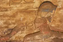 Pharaoh wearing the Blue Crown receiving the Ankh..., Temple of Seti I, Egypt, New Kingdom (2003). Creator: LTL