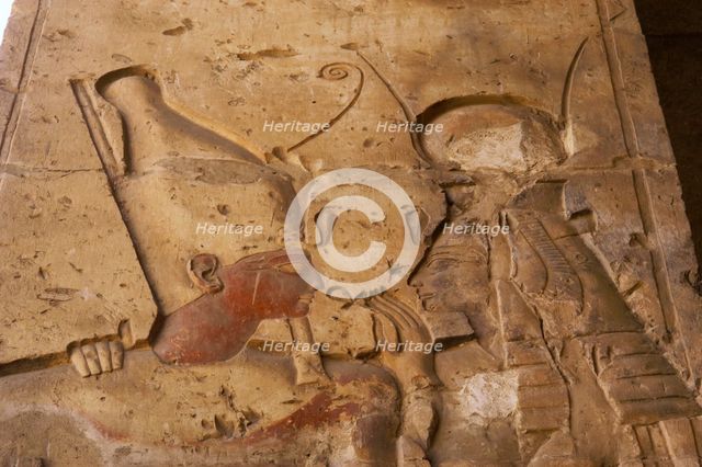 Pharaoh wearing the double crown..., Temple of Seti I, Abydos, Egypt, New Kingdom, 19th...(2003). Creator: LTL.