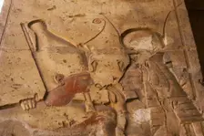 Pharaoh wearing the double crown..., Temple of Seti I, Abydos, Egypt, New Kingdom, 19th...(2003). Creator: LTL
