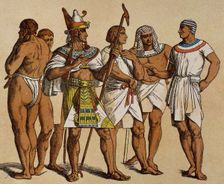 Pharaoh wearing the pschent or double crown with public servants, Old Kingdom, Egypt. Creator: Unknown