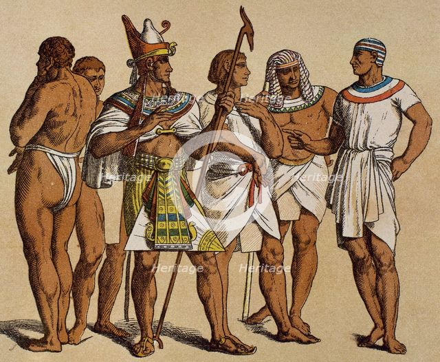 Pharaoh wearing the pschent or double crown with public servants, Old Kingdom, Egypt.  Creator: Unknown.