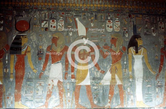Pharaoh Horemheb with the goddess Isis and the god Horus, Ancient Egyptian, 14th century BC. Artist: Unknown