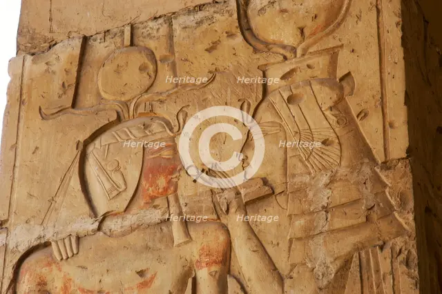 Pharaoh receiving the Ankh from a divinity, Temple of Seti I, Abydos, New Kingdom,19th Dynasty. Creator: LTL.