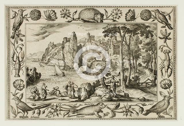 Pharaoh's Daughter Finding Moses, from Landscapes with Old and New Testament Scenes and..., 1584. Creator: Adriaen Collaert.