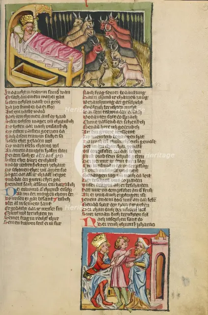 Pharaoh's Dream; Joseph Interpreting Pharaoh's Dream; Weltchronik, about 1400-1410. Creator: Unknown.