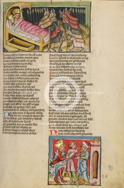Pharaoh's Dream; Joseph Interpreting Pharaoh's Dream; Weltchronik, about 1400-1410. Creator: Unknown.