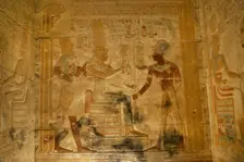 Pharaoh Seti I before the goddess Isis..., Temple of Seti I, Abydos, Egypt, New Kingdom (2003). Creator: LTL
