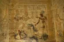 Pharaoh Seti I before the goddess Isis..., Temple of Seti I, Abydos, Egypt, New Kingdom (2003). Creator: LTL