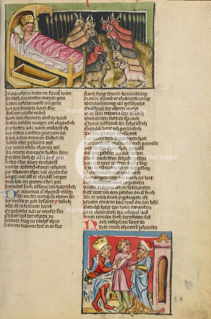 Pharaoh's Dream; Joseph Interpreting Pharaoh's Dream; Weltchronik, about 1400-1410. Creator: Unknown.