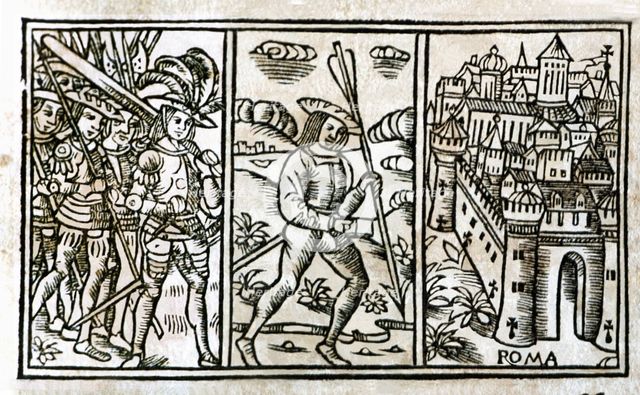 Pharsalia', historical epic story, engraving in the beginning of Book III of the printed edition …