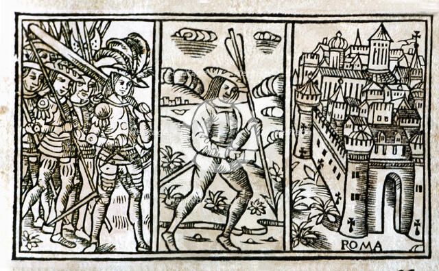 Pharsalia', historical epic story, engraving in the beginning of Book III of the printed edition …