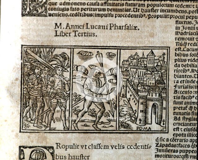 Pharsalia', historical epic story, engraving in the beginning of Book III of the printed edition …