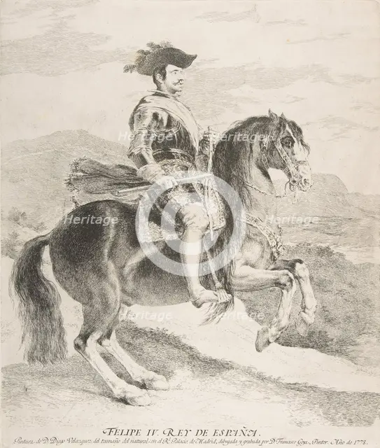 Philip IV on horseback, after Velázquez, 1778. Creator: Francisco Goya.