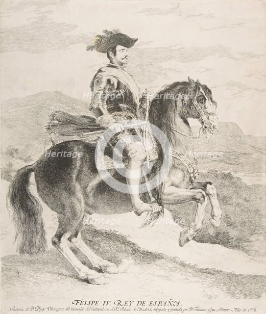 Philip IV on horseback, after Velázquez, 1778. Creator: Francisco Goya.