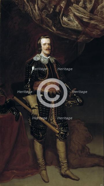 Philip IV in Armour, with a Lion at his Feet, c1653. Creator: Diego Velasquez.