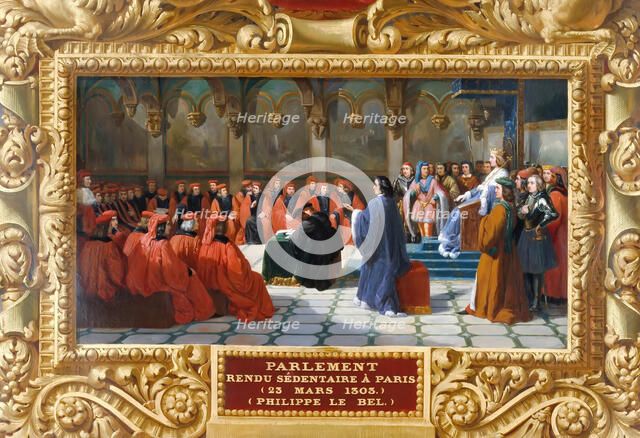 Philip IV the Fair establishes the Parliament in Paris in 1303. Artist: Alaux, Jean (1786-1864)