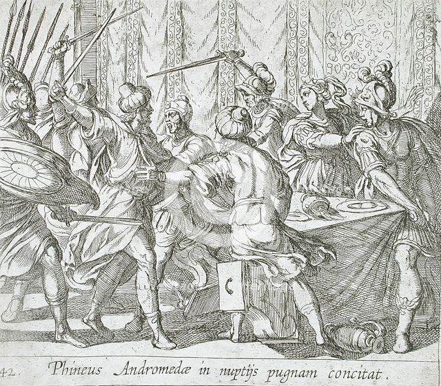 Phineus Attacking Perseus at the Wedding, published 1606. Creators: Antonio Tempesta, Wilhelm Janson.