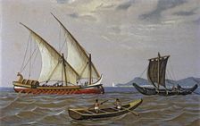 Phoenician trade ship and fishing boats, lithograph, 1875
