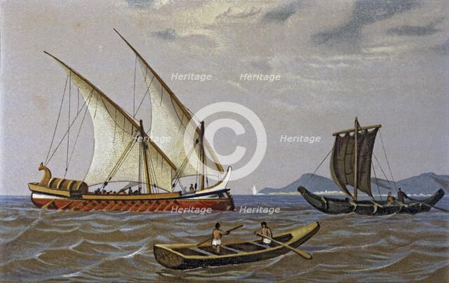 Phoenician trade ship and fishing boats, lithograph, 1875.
