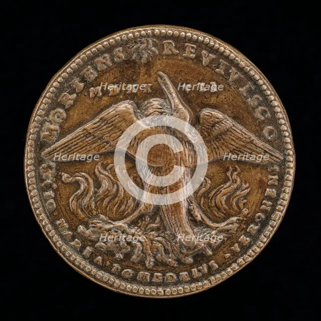 Phoenix on a Pyre Gazing at the Sun [reverse], c. 1527. Creator: Giovanni Maria Pomedelli.
