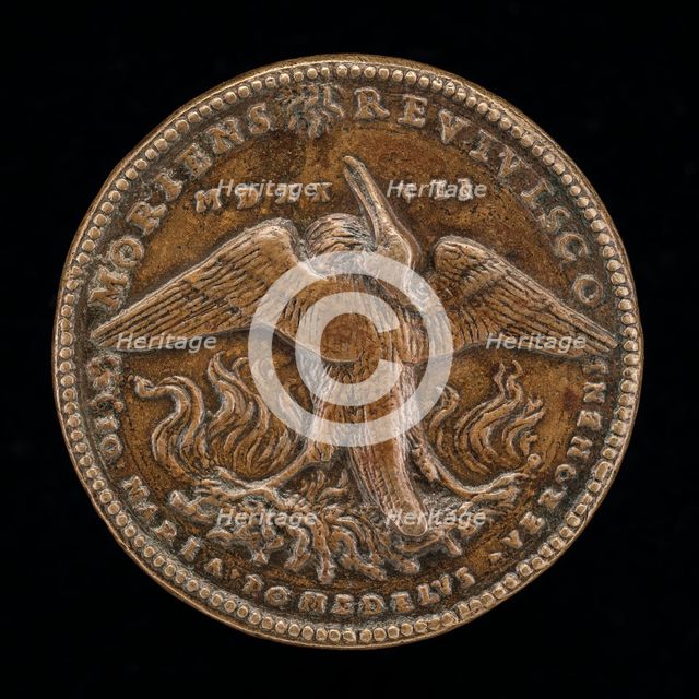 Phoenix on a Pyre Gazing at the Sun [reverse], c. 1527. Creator: Giovanni Maria Pomedelli.
