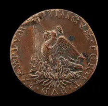 Phoenix on a Pyre Looking at the Sun [reverse], c. 1485. Creator: Unknown