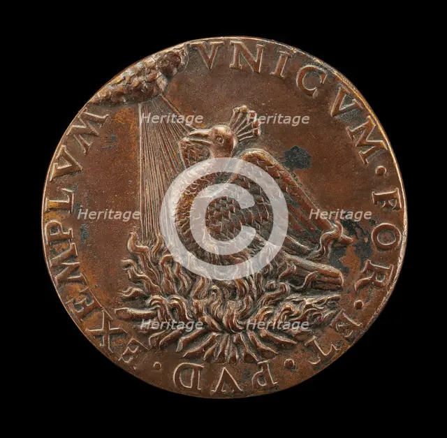 Phoenix on a Pyre Looking at the Sun [reverse], c. 1485. Creator: Unknown.
