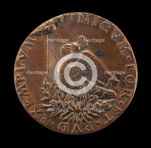 Phoenix on a Pyre Looking at the Sun [reverse], c. 1485. Creator: Unknown.