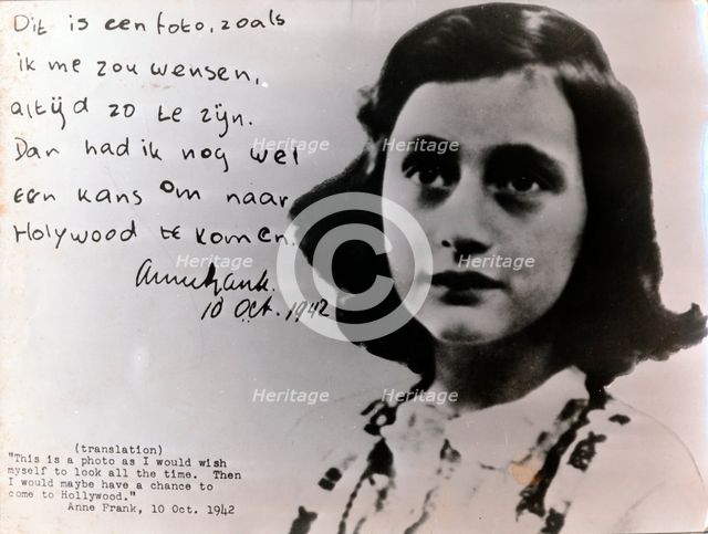 Photo and note from Anne Frank, 1942. Creator: Unknown.