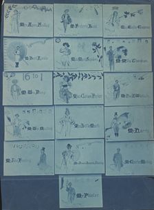Photograph of 16 place cards drawn by Mills Thompson for artists, musicians, and actors..., 1896. Creator: Frances Benjamin Johnston