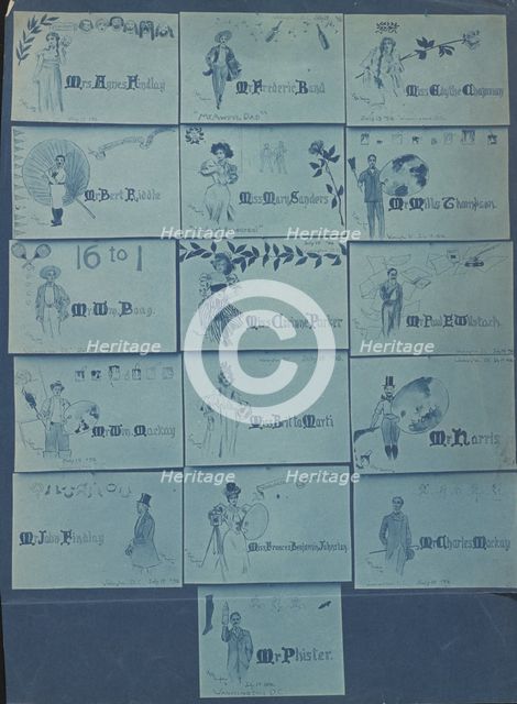 Photograph of 16 place cards drawn by Mills Thompson for artists, musicians, and actors..., 1896. Creator: Frances Benjamin Johnston.
