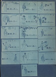 Photograph of 16 place cards drawn by Mills Thompson for artists, musicians, and actors..., 1896. Creator: Frances Benjamin Johnston
