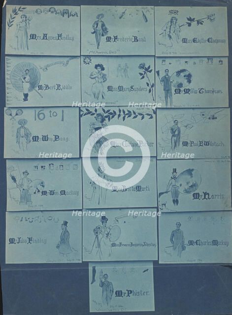 Photograph of 16 place cards drawn by Mills Thompson for artists, musicians, and actors..., 1896. Creator: Frances Benjamin Johnston.