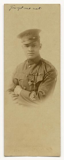 Photograph of Cpl. Lawrence McVey in uniform wearing the Croix de Guerre medal, ca. 1920. Creator: Alva Studio