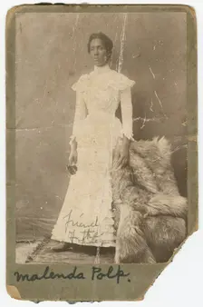 Photograph of Malenda Polk wearing a white, high collar dress., late 19th century. Creator: Unknown