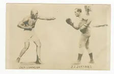 Photographic postcard with photos of Jack Johnson and James J. Jeffries, 1910. Creator: Unknown