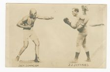 Photographic postcard with photos of Jack Johnson and James J. Jeffries, 1910. Creator: Unknown