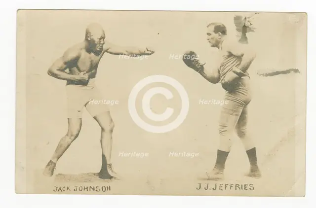 Photographic postcard with photos of Jack Johnson and James J. Jeffries, 1910. Creator: Unknown.