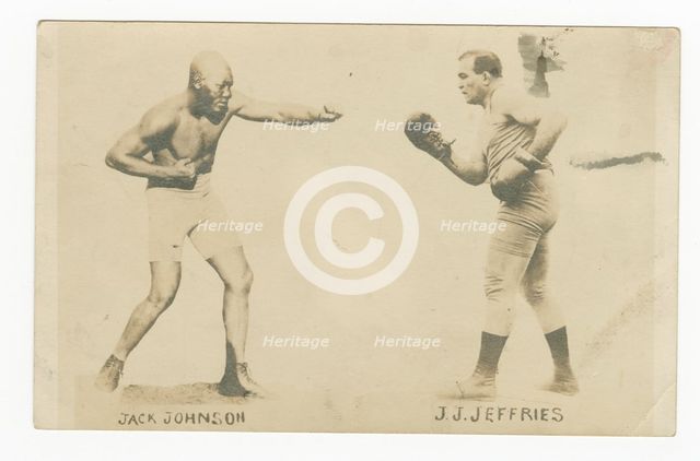 Photographic postcard with photos of Jack Johnson and James J. Jeffries, 1910. Creator: Unknown.