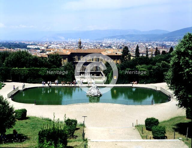 Pitti Palace, built according to plans by Brunelleschi with the city of Florence at background an…