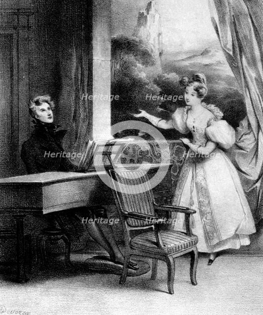 Pianist at the keyboard accompanying a lady singing, 19th century. Artist: Unknown