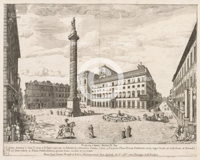 Piazza Colonna from "Prospectus Locurum Urbis Romae Insign[ium]", 1666. Creator: Lievin Cruyl (Flemish, c. 1640-c. 1720).