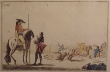 Picador riding and dragging the bull, colored engraving by Antonio Carnicero